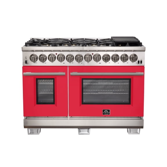 Forno Capriasca 48-Inch Freestanding Dual Fuel Range, 8 Burners, True Convection Oven, Red Doors