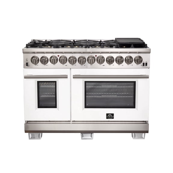 Forno Capriasca 48-Inch Freestanding Dual Fuel Range, 8 Burners, True Convection Oven, White Doors