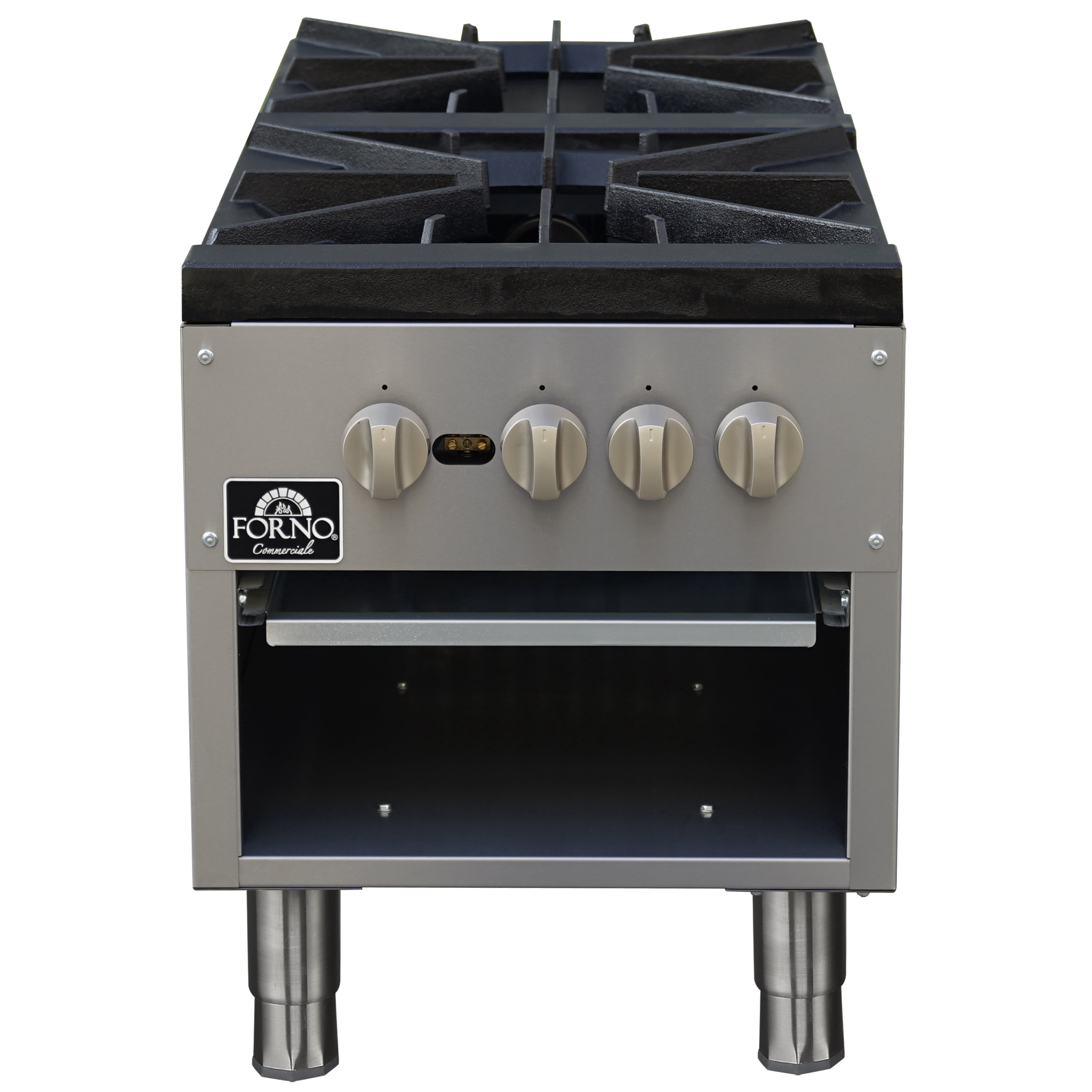 Forno Commerciale gas stock pot range, 2 powerful 3-ring burners, 160,000 BTU, durable stainless steel, heavy-duty cast iron grates
