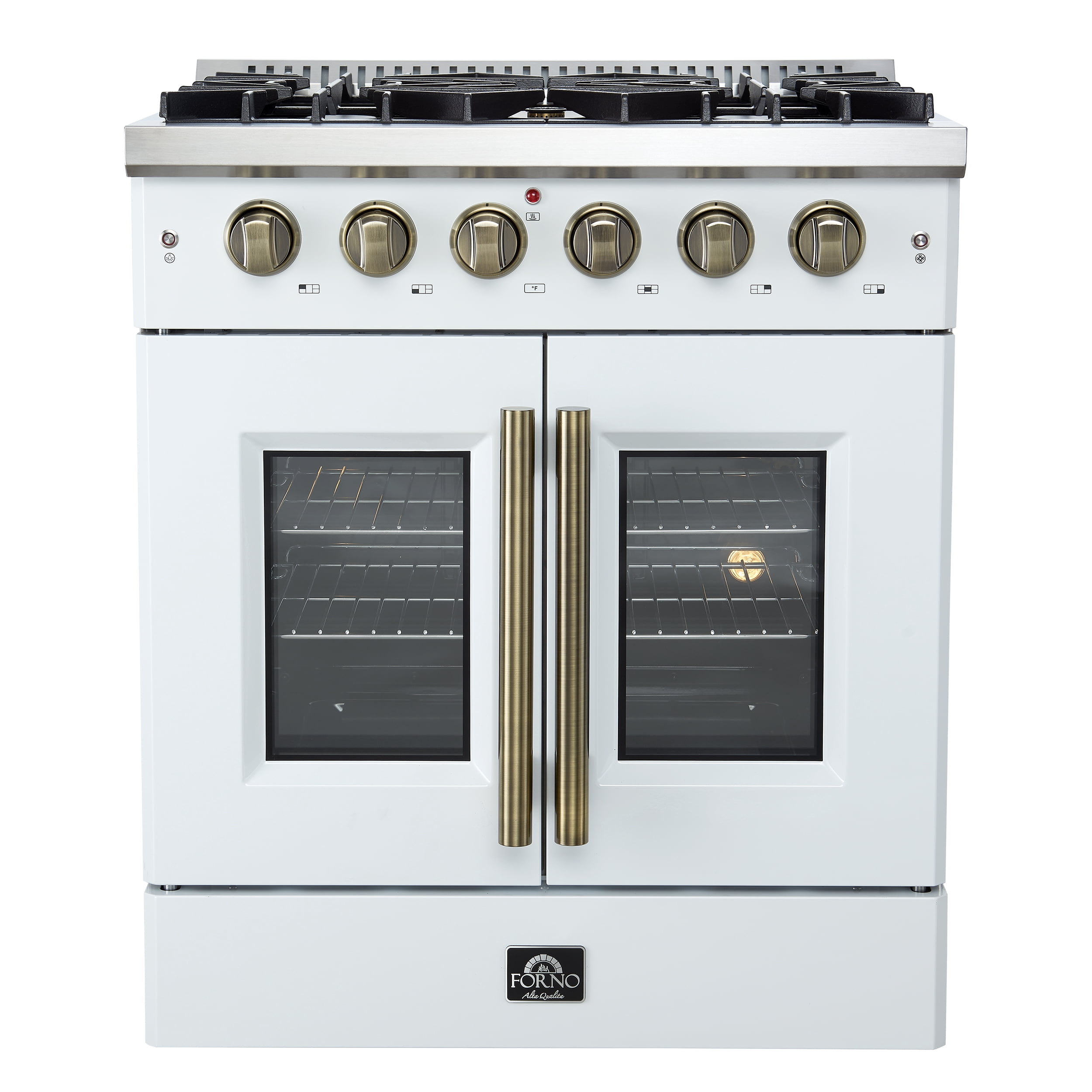 Forno Galiano 30-inch French Door Gas Range White with Antique Brass Design, 5 Burners, 68,000 BTU, 4.32 cu.ft. Convection Oven