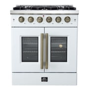 Forno Galiano 30-inch French Door Gas Range White with Antique Brass Design, 5 Burners, 68,000 BTU, 4.32 cu.ft. Convection Oven
