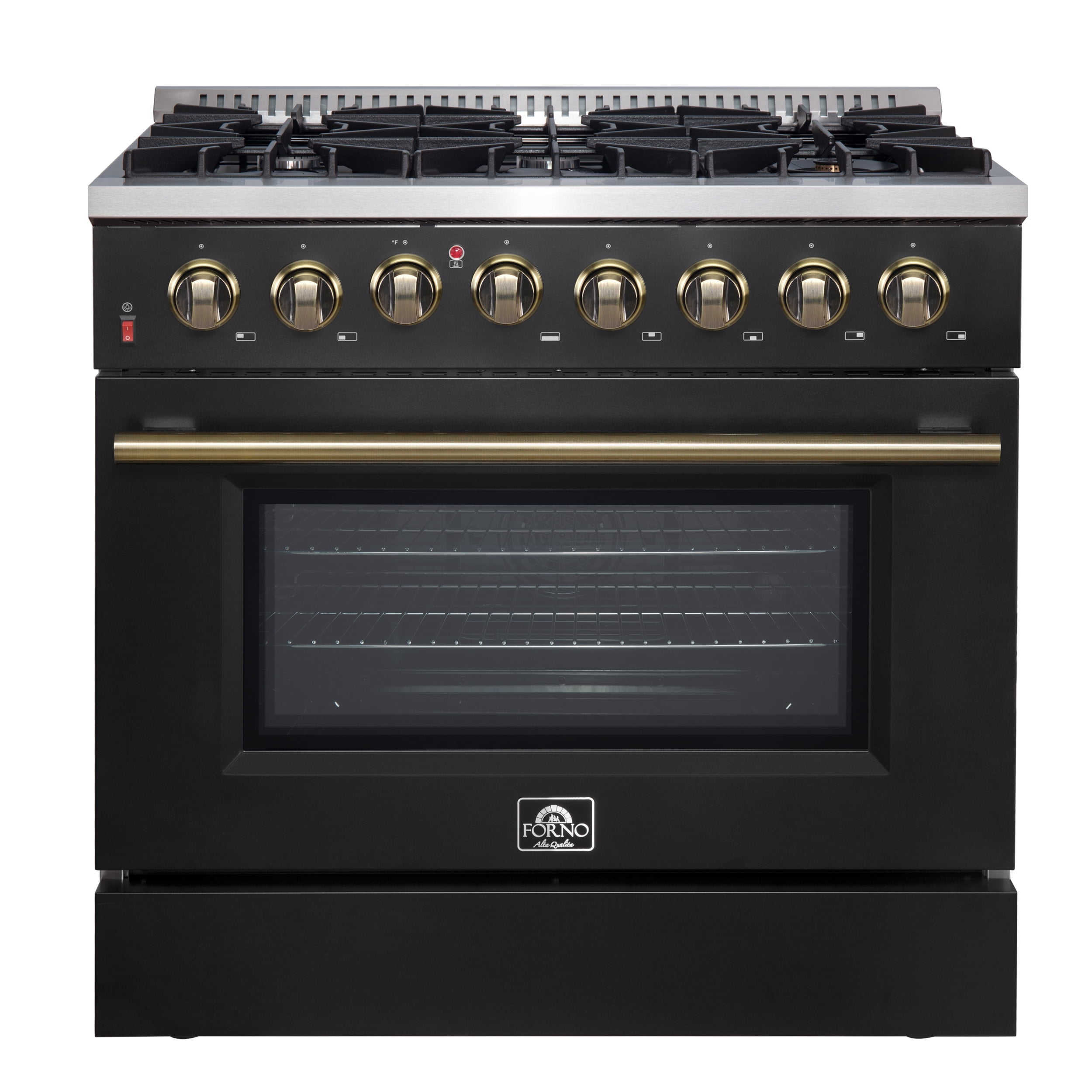 Forno Galiano 36-inch Dual Fuel Range in Black  Antique Brass Design, 6 Sealed Burners 83,000 BTU, 5.36 cu.ft. True Convection Oven