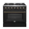 thumbnail image 1 of Forno Galiano 36-inch Freestanding Gas Range in Black with Antique Brass Design, 6 Burners, 83,000 BTU, 5.36 cu.ft. Convection Oven, 1 of 11