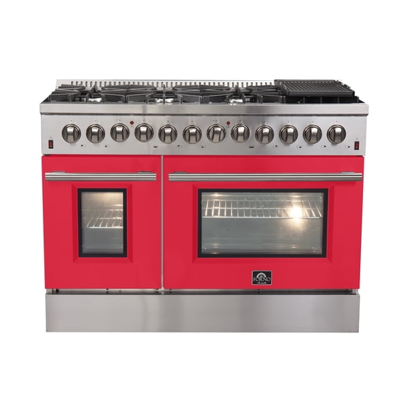 Forno Galiano 48-Inch Freestanding Dual Fuel Range, 8 Burners, Double Convection Ovens, Red Doors