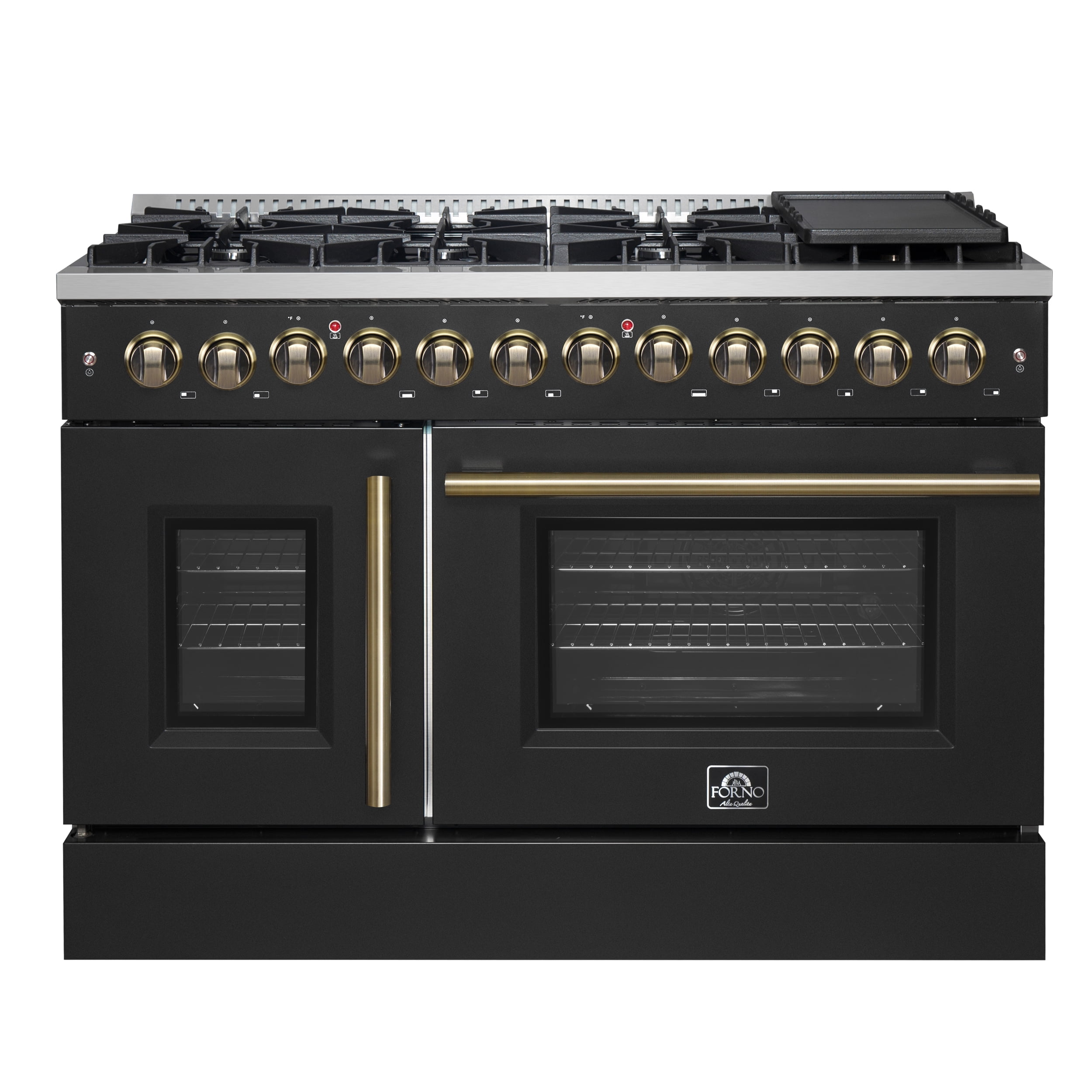 Forno Galiano 48-inch French Door Dual Fuel Range, Black  Antique Brass Design, 8 Sealed Burners - 107,000 BTU, Griddle, 6.58 cu.ft. Double Ovens