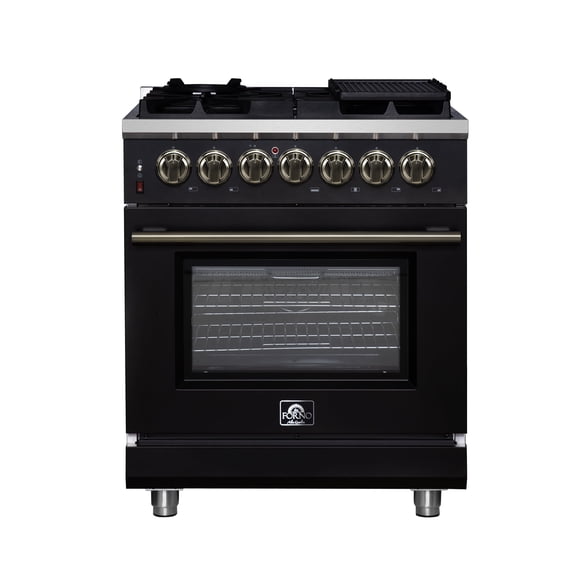 Forno Massimo 30-Inch Freestanding Dual Fuel Range in Black with Antique Brass Accessories, 4 Burners, 4.32 cu. ft. Convection Oven