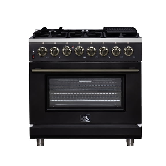 Forno Massimo 36 Inch Freestanding Dual Fuel Range in Black with Antique Brass Accessories, 6 Burners, 5.36 cu. ft. Convection Oven
