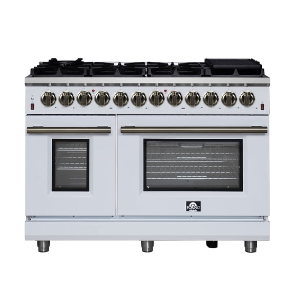 Forno Massimo 48 Inch Freestanding Dual Fuel Range in White with Antique Brass Accessories, 8 Burners, 6.58 cu. ft. Convection Oven