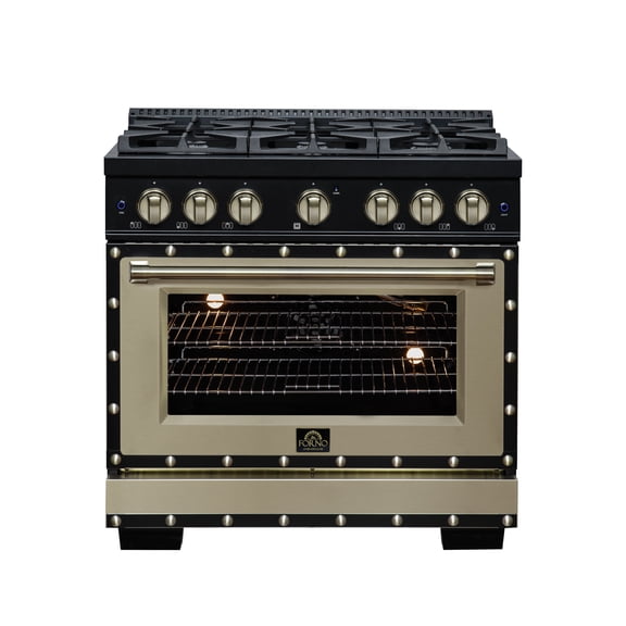 Forno Valente 36" Gas Range in Black, 6 Sealed Burnes, 71 000 BTU Cooktop Output , 5.2 Cu.Ft. convection Oven, Telescopic Racks