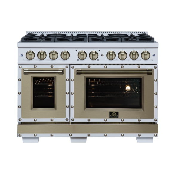 Forno Valente 48" Dual Fuel Range in White, 8 Sealed Burners, 94,000 BTU, 6.7 Cu.Ft. Double Oven