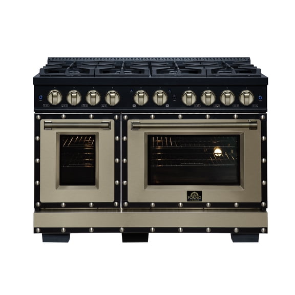 Forno Valente 48" Gas Range in Black, 8 Sealed Burnes, 94,000 BTU, 6.7 Cu.Ft. Double Oven