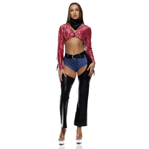 Forplay Cowgirl Fancy-Dress Costume for Women with Paisley Print Top and Chaps, Adult XS/S