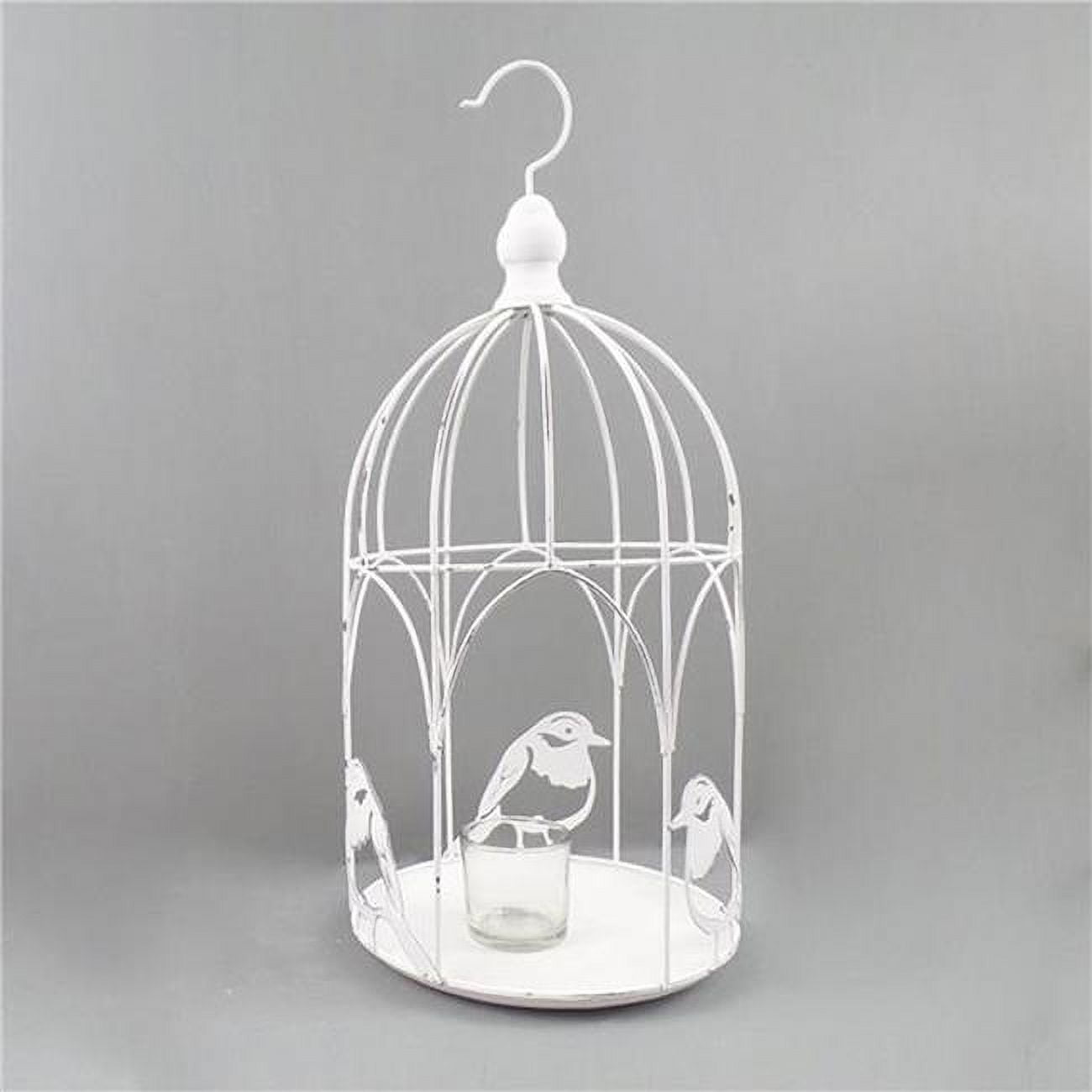 White Metal Bird Cage Candle Holder with Bird Accents