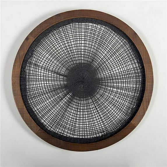 Forpost FP-WEN-082 Round Brown Wood Frame with Black Woven String Pattern Wall Decor