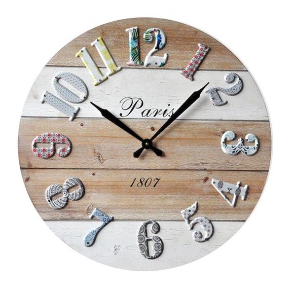 Forpost Multi Patterned Metal Popped Numbers on Wood Wall Clock