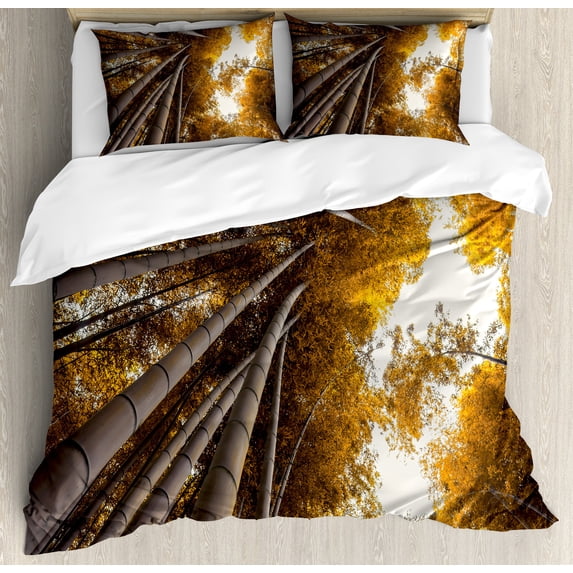 Forrest Duvet Cover Set, Bottom to Top Branches Fall Landscape Autumn Season Woodland Scenery Photo, Decorative 3 Piece Bedding Set with 2 Pillow Shams, Queen Size, Yellow and Brown, by Ambesonne