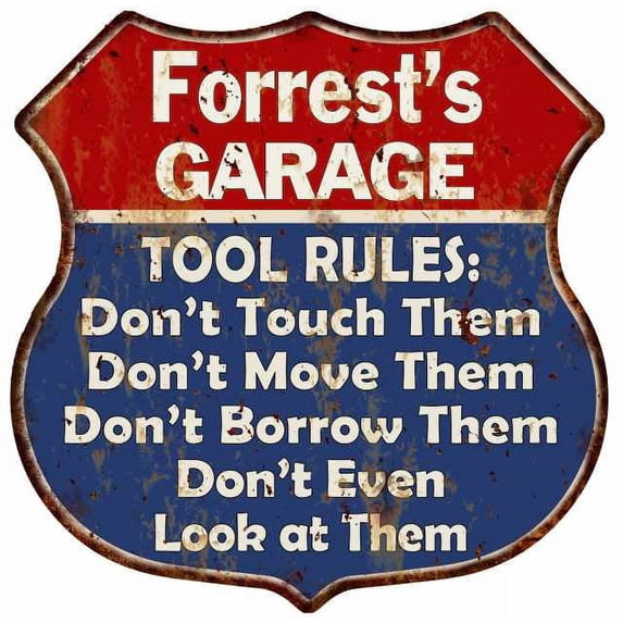 Forrest's Garage Man Cave Rules Sign Shield Metal Gift 211110001401