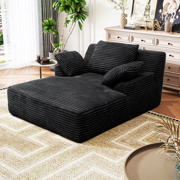 Forrise 51" Chaise Lounge Chair Indoor, Oversized Corduroy Upholstered Boneless Sofa Bed, Cloud Sofa Couches for Living Room, Deep Seat Sleeper Couch Reading Chairs, No Assembly Required, Black