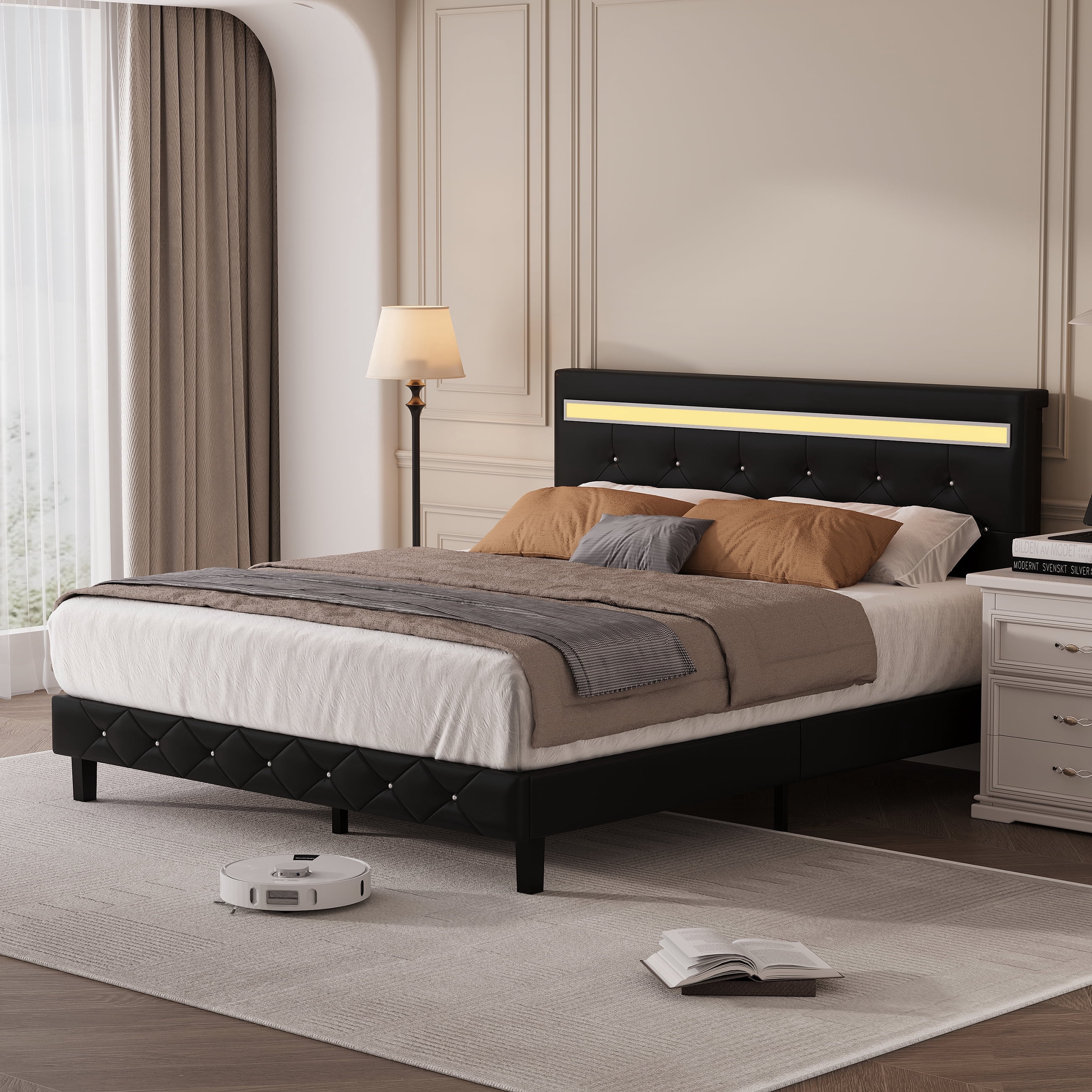 Forrise King Size Bed Frame with Upholstered LED Headboard, Built-in USB Ports & Power Outlets, No Box Spring Needed, Black