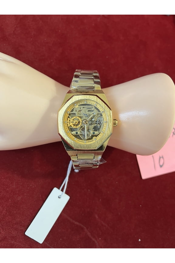 Forsining Automatic Skeleton Watch Men 41mm Silver Tone Octagon Dial Gold Tone