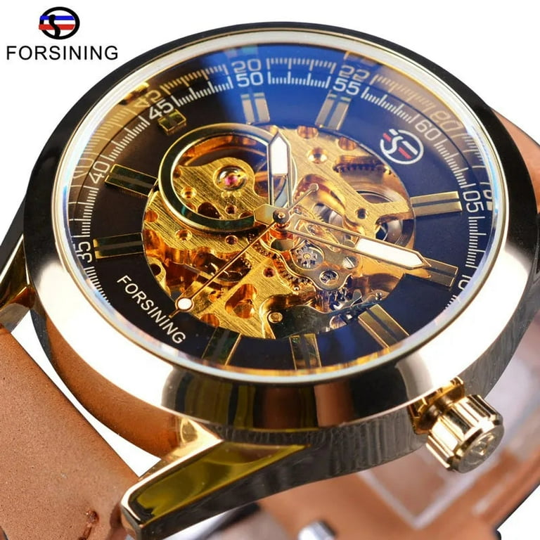 Forsining Blue Light Glass Mens Casual Sport Watch Leather Military Automatic Men Mechanical Wrist Watch Skeleton Luminous Clock Walmart