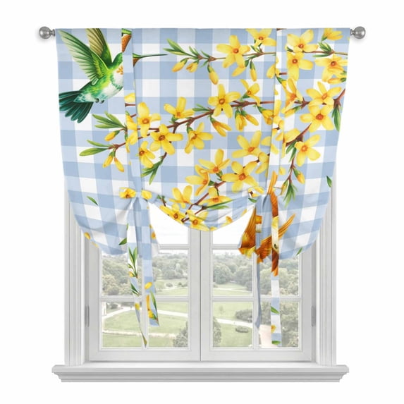Forsythia Flowers Balloon Curtains for Living Room/French Door, Spring Yellow Floral Hummingbird Blue Plaid Tie Up Curtains 63 Inch Length Energy Saving Kitchen Curtains Shades for Windows 42"x63"