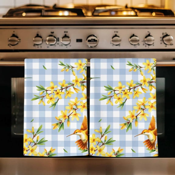 Forsythia Flowers Kitchen Towels Set of 1, Spring Yellow Floral Hummingbird Blue Plaid Absorbent Dish Towels for Kitchen, Microfiber Hand Towel, Quick Drying Tea Towel Decorative Dishcloths