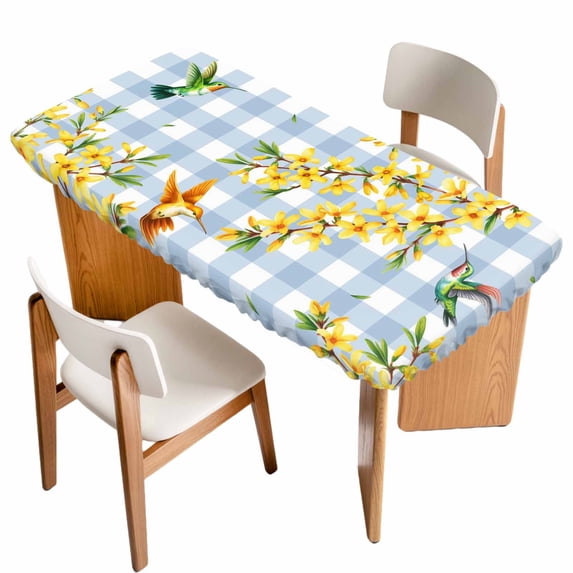 Forsythia Flowers Table Cloths for 6 Foot Rectangle Tables, Spring Yellow Floral Hummingbird Blue Plaid Patio Waterproof Elastic Fitted Tablecloths, Washable Rectangular Table Cover for Camping