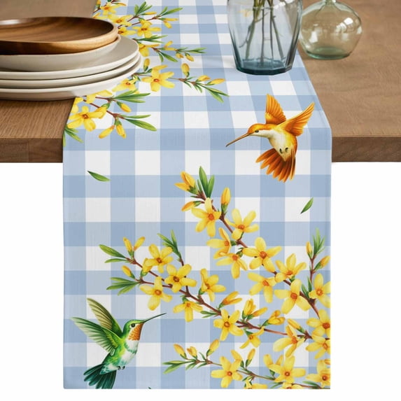 Forsythia Flowers Table Runner, Spring Yellow Floral Hummingbird Blue Plaid Cotton Linen Table Runners 70 Inches Long, Dresser Scarf Runner for Dining/Kitchen/Coffee/TV Stands/Cabinets 13''x70''