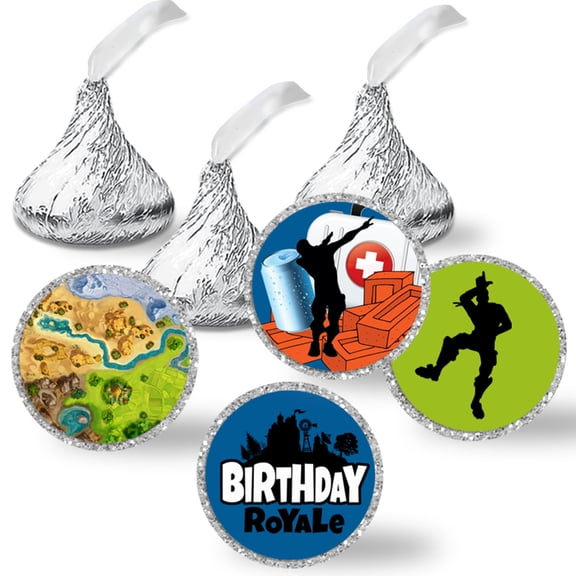 Fort Battle Birthday Video Game Chocolate Kiss Stickers 324 Count, 0.75 Inch Round Party Candy Labels, 3 Sheets of Coordinating Designs, Made in USA by Amanda Creation