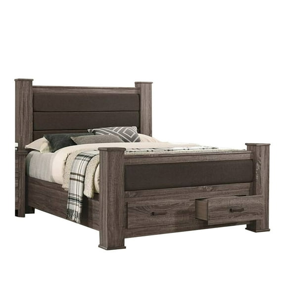 Benjara Fort Classic Queen Sized Bed with 2 Drawers, Upholstered Panel, Oak Gray