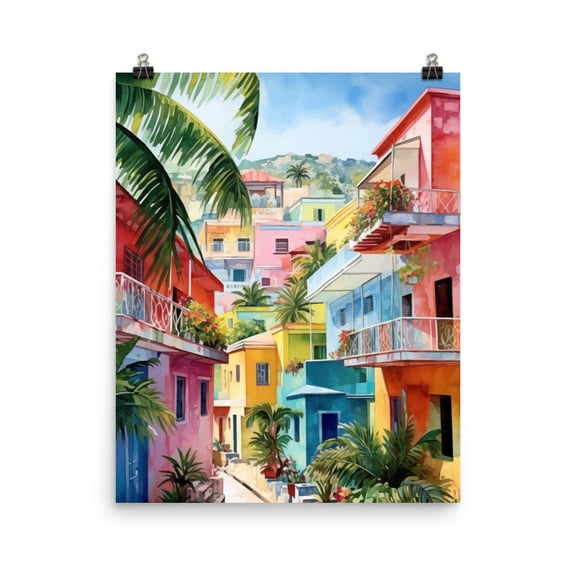Fort De France Print, Caribbean Cityscape Art, French Island Print, Colorful Tropical Wall Decor, Exotic Seaside Travel Artwork Home Decor #45, Unframed Canvas Size 8x12