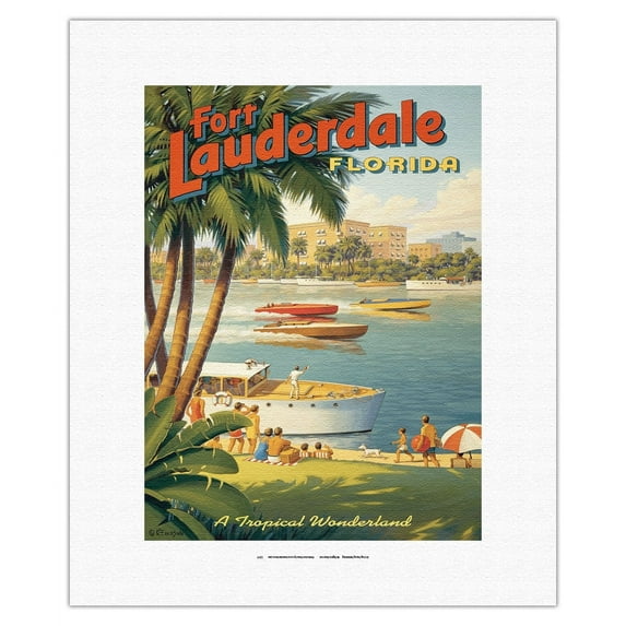 Fort Lauderdale Florida - Tropical Wonderland - Boat Racing - Yachting Capital - Vintage Travel Poster by Kerne Erickson - Fine Art Rolled Canvas Print 11in x 14in