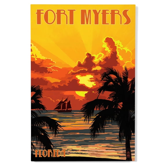 Fort Myers, Florida, Sunset and Ship Birch Wood Wall Sign (12x18 Rustic Home Decor, Ready to Hang Art)