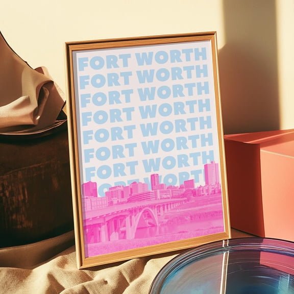 Fort Worth Print Texas Wall Art Pink And Blue Fort Worth City Skyline Travel Print Girly Texas Tx Home Decor Home Decor #526, Stretched Canvas Size 8x12