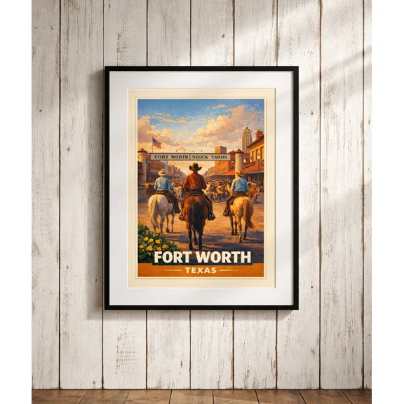 Fort Worth Texas Travel Poster Western Cowboy Stockyards Wall Art Print Home Decor Office Wall Art
