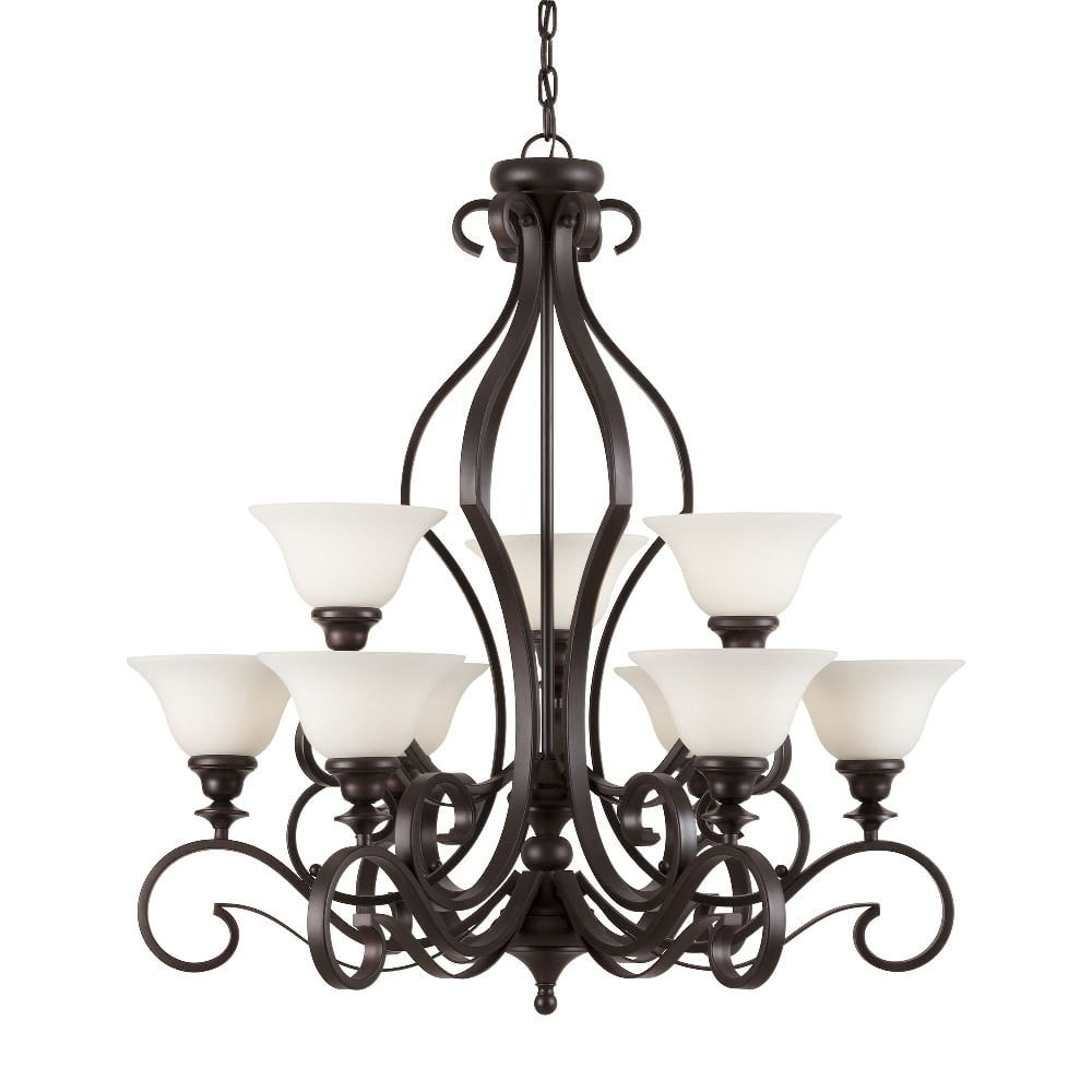 Perry Antique Bronze Iron 9-Light Chandelier with White Glass Shades