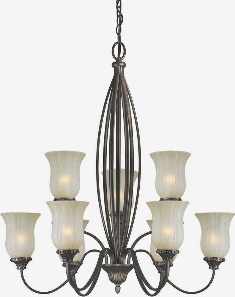 Antique Bronze 9-Light Steel Chandelier with Glass Shades