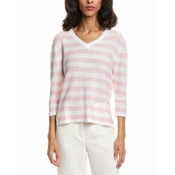 Forte womens Beach Stripe V-Neck Linen Sweater, l, White