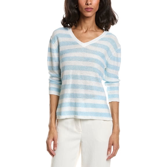 Forte womens  Beach Stripe V-Neck Linen Sweater, m, White