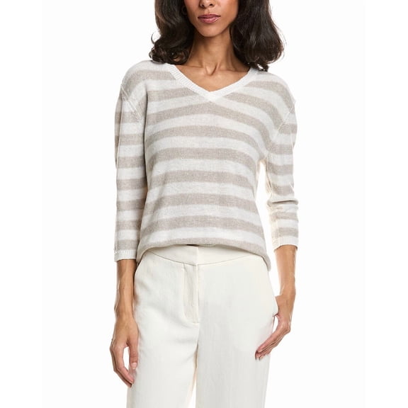 Forte womens  Beach Stripe V-Neck Linen Sweater, s, Brown