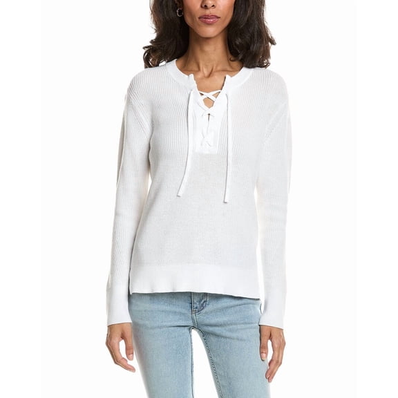 Forte womens  Lace-Up Rib Crewneck Sweater, l, White