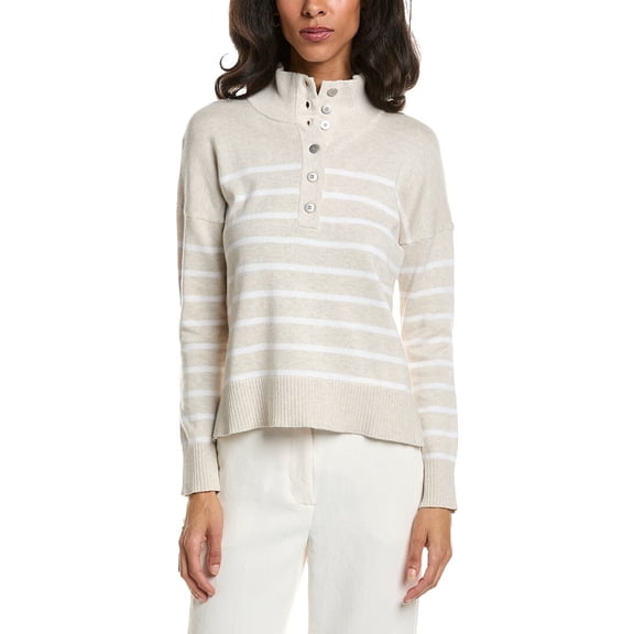 Forte womens  Stripe Button Mock Neck Sweater, xs, White