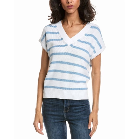 Forte womens  Stripe Cap Sleeve V-Neck Sweater, s, White