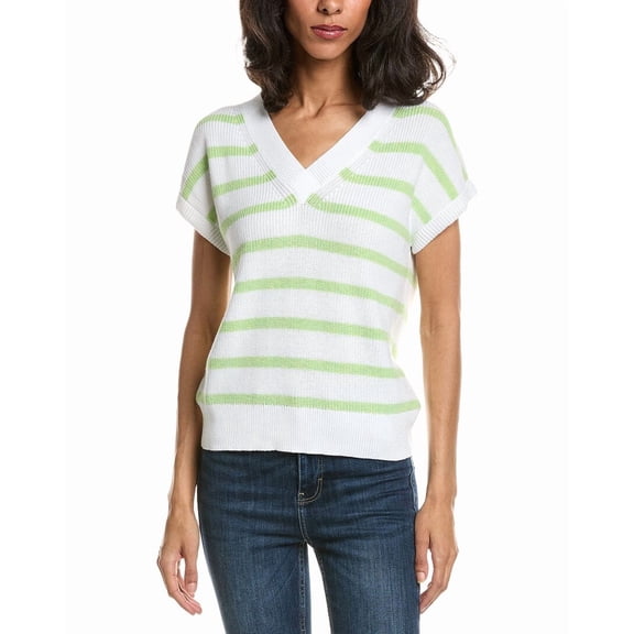 Forte womens  Stripe Cap Sleeve V-Neck Sweater, xs, White