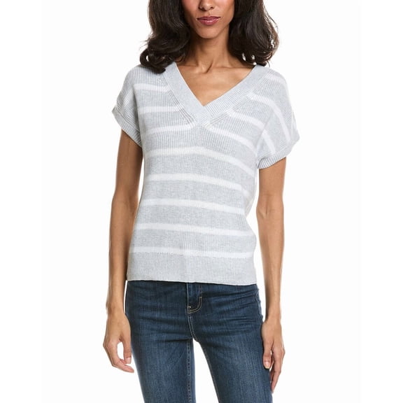 Forte womens  Stripe Cap Sleeve V-Neck Sweater, xs, White