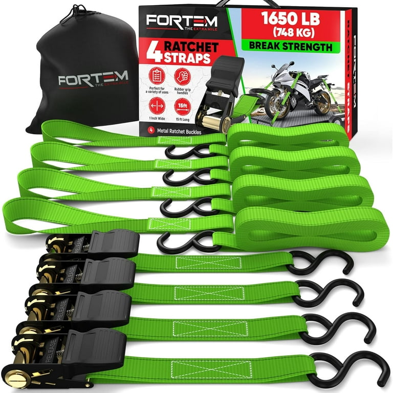 Fortem Ratchet Straps, 4X 15ft Tie Down Strap Set, 4X Soft Loops,  Motorcycle Straps Tie Downs, Cargo Straps for Trucks, 1500lb Break  Strength, Rubber Handles, Coated Metal Hooks, Carrying Bag (Green) -