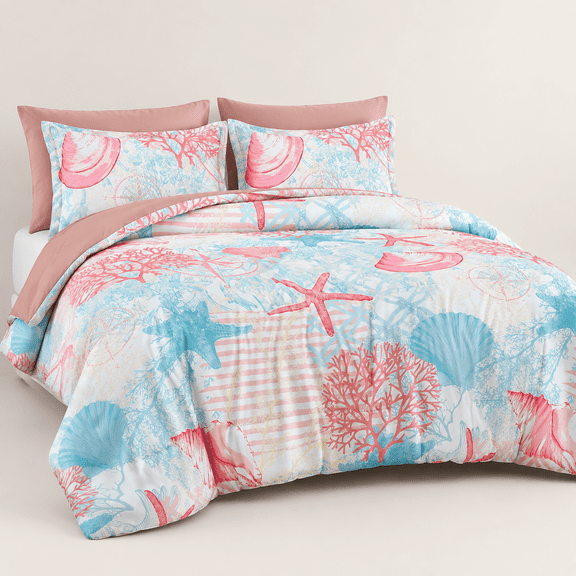 Forter Set King Size Beach Cthemed Bed In A Bag 7 Pieces Nautical Seaweed & Starfish Soft Summer Bedding Sets For All Seasons(104