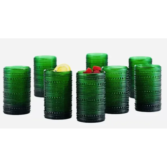 Fortessa Jupiter Glass Tumblers Green Beaded Textured 13 Ounces Each 8 Pieces