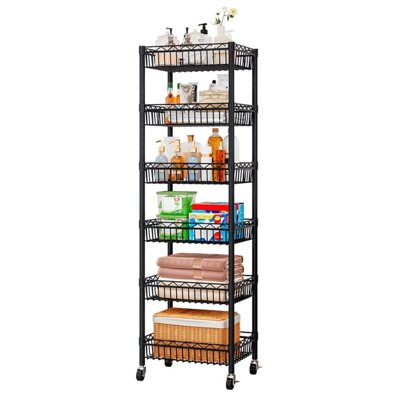 Forthcan 6 Tier Narrow Basket Shelf Rolling Storage Cart Adjustable Mobile Shelving Unit Organizer Kitchen Utility Cart for Kitchen Office Apartment 11.4" Dx16.9" Wx63" H Black